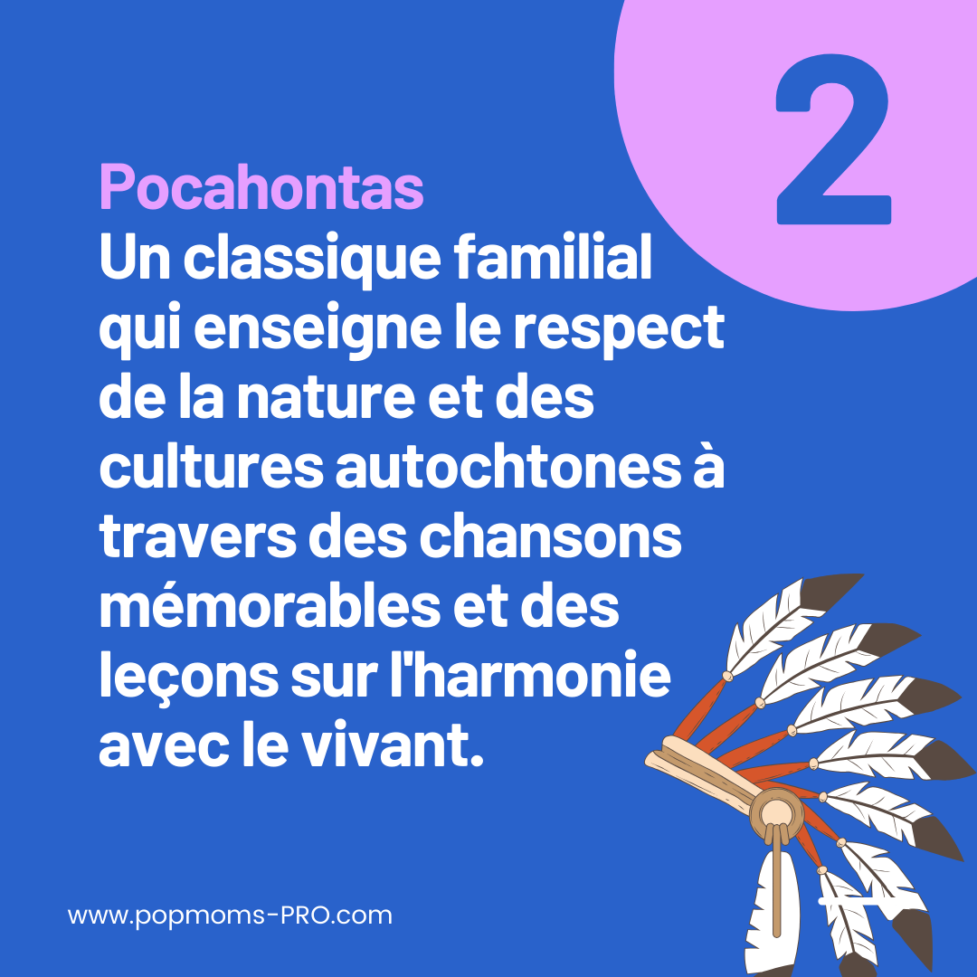 Pocahontas
Un classique familial qui enseigne le respect de la nature et des cultures autochtones à travers des chansons mémorables et des leçons sur l'harmonie avec le vivant.