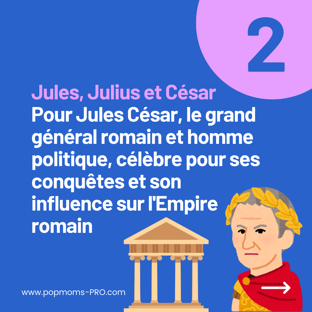 Jules, Julius et César :
Pour Jules César, le grand général romain et homme politique, célèbre pour ses conquêtes et son influence sur l'Empire romain.
