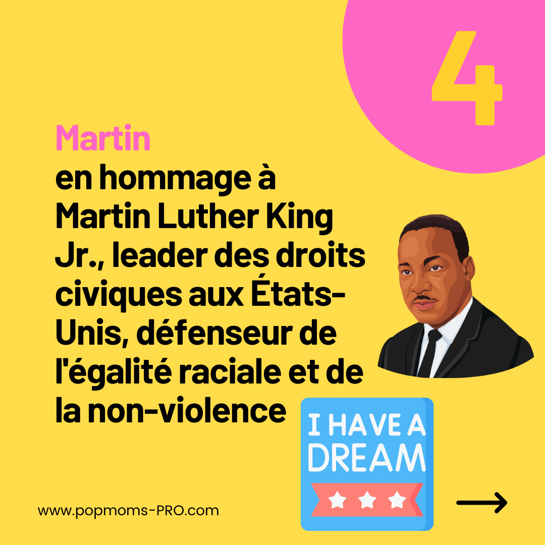 Martin :
... en hommage à Martin Luther King Jr., leader des droits civiques aux États-Unis, défenseur de l'égalité raciale et de la non-violence.