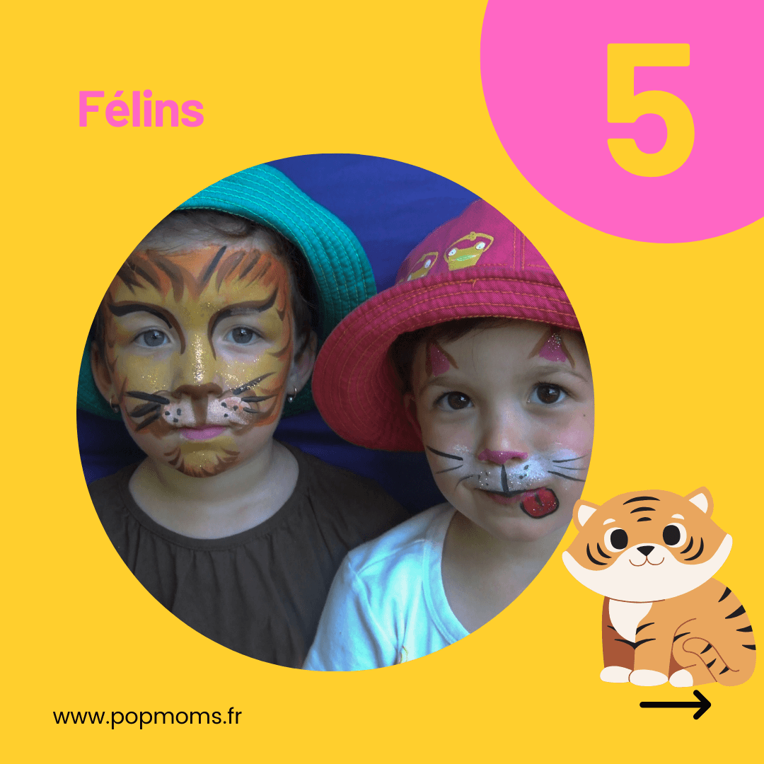 Maquillage N°5 : LES FELINS
Les maquillages félins, tigres ou lions ont la côte auprès des enfants. Lâchez-vous !
